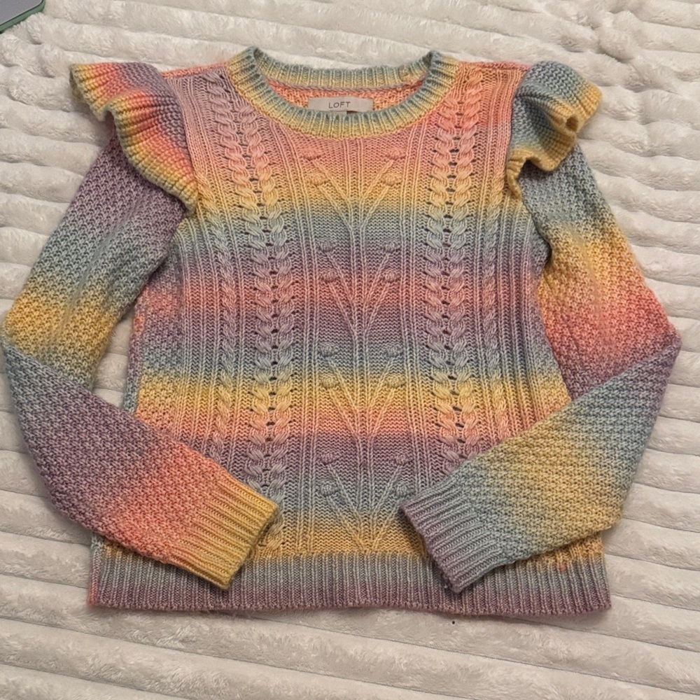 LOFT Pastel Rainbow Ombre Sweater Women’s Medium Ruffle Shoulder Knit Pullover